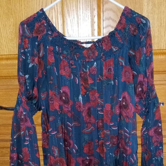 🌸Charming Charlie Floral Scoop Neck Women's Babydoll Top Teal Red Shiny Boho🌸 - Picture 2 of 12